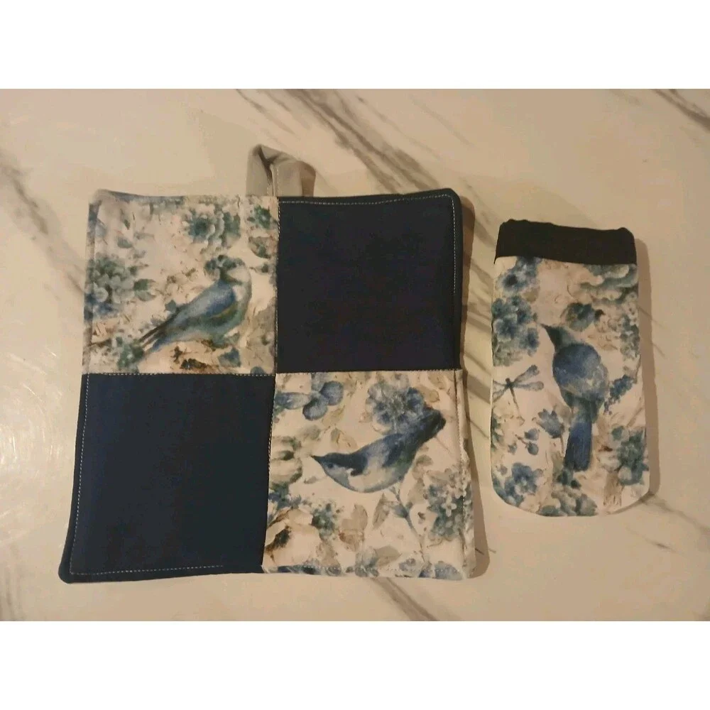 Handmade Blue Songbird Potholder Skillet Holder  Holiday Gift Set
